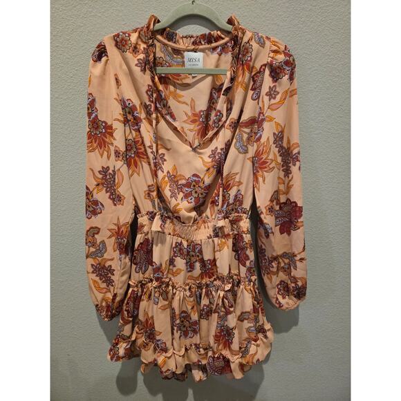 Misa Los Angeles XS Pink Floral Midi Dress Party Cocktail Long Sleeve - Picture 1 of 9